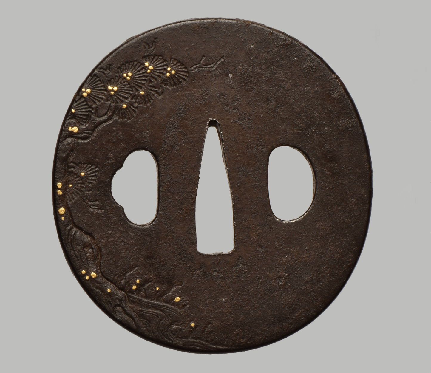 Tsuba - Mito - 水戸 仙人図(馬師皇) - Hotei with bird - shakudo, gold and silver
