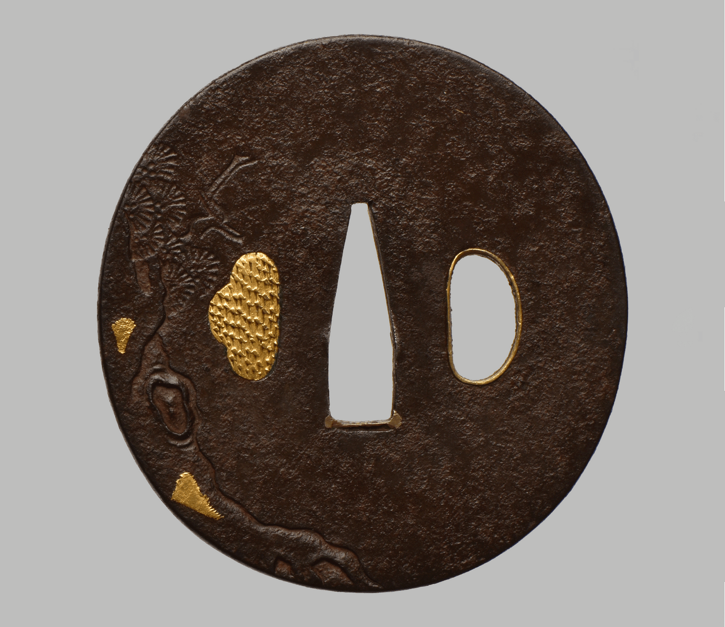 Tsuba - Mito - (馬師皇) - Hotei with dragon - shakudo, gold and silver