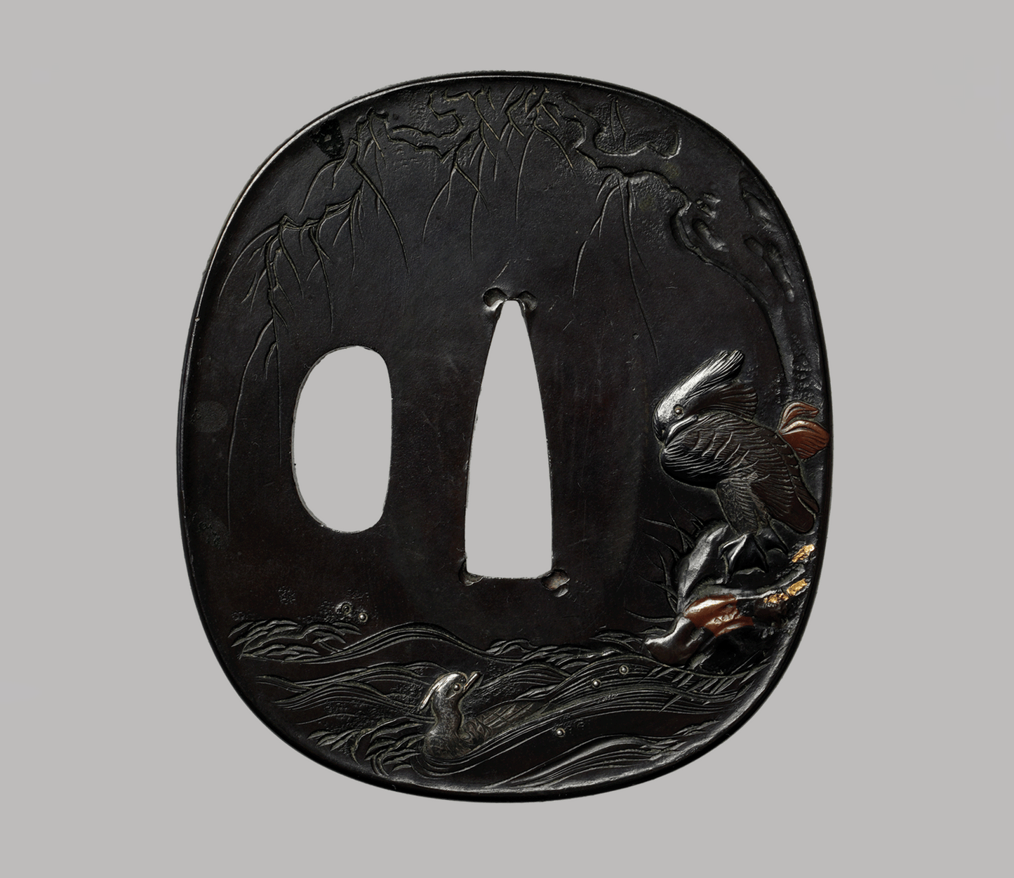 - Tsuba - Edo Mito 無銘(水戸) Willow and waterfowl - NBTHK Tokubetsu Hozon