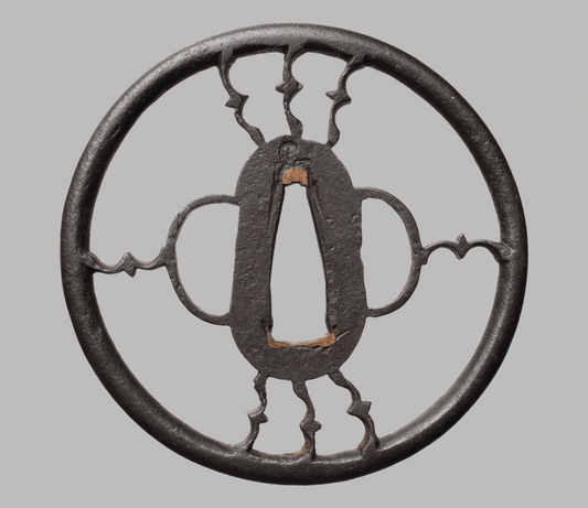 - Tsuba – Large Ko-Shoami Iron Sukashi Tsuba – Symmetrical Bar-and-Roundel Design