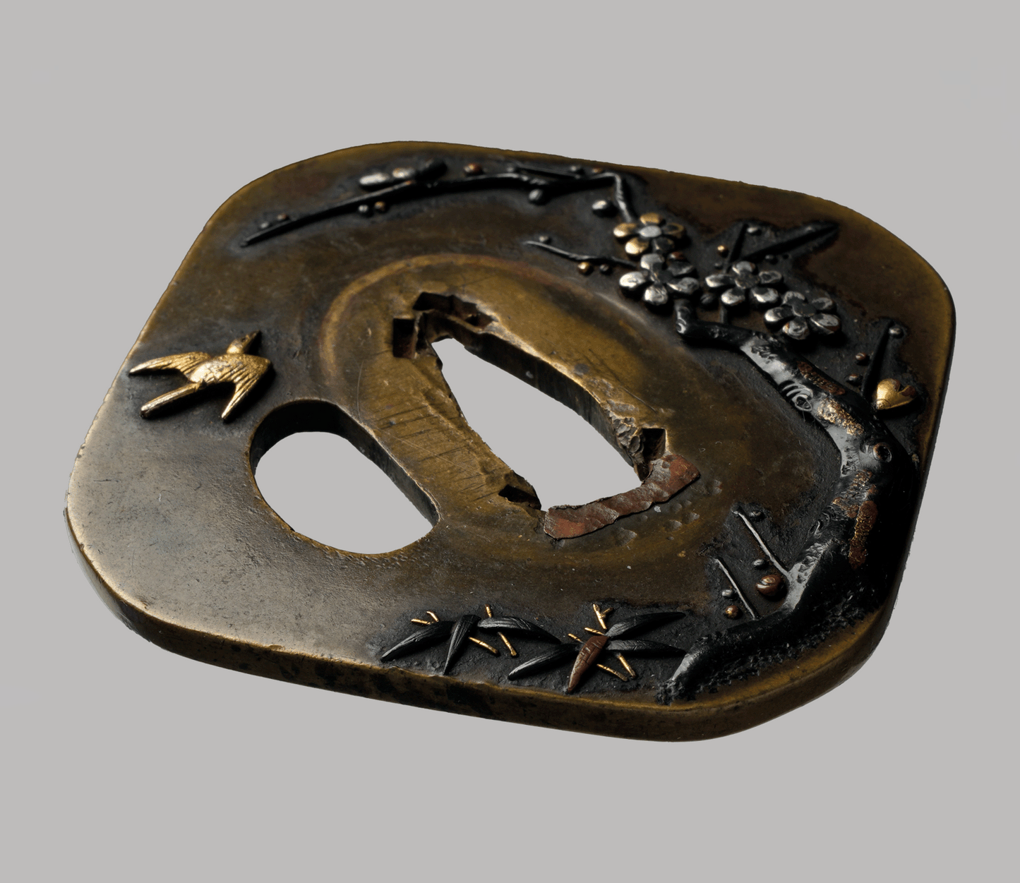 Tsuba - Nara Vogel und Pflaumenbaum Sentoku