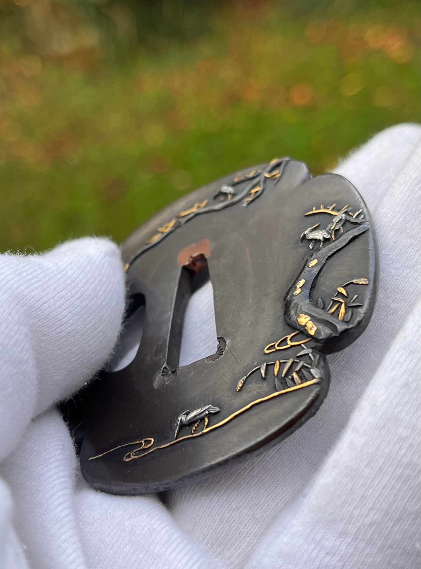 Tsuba - Elegant Edo-Period Shibuichi Kinko Tsuba with Birds and Gold Highlights