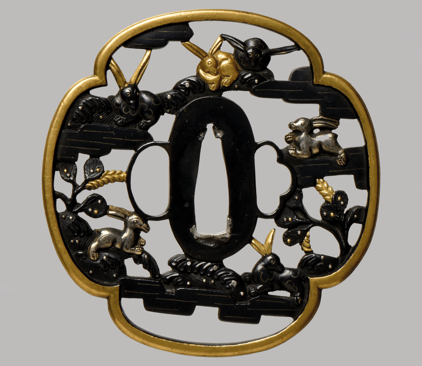 - Tsuba - Rabbits & waves Shakudo, Ko-Kinko