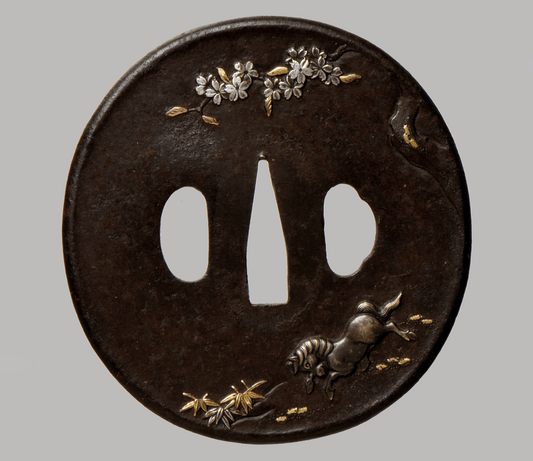 - Tsuba - Aizu Shoami, Horse Flowers, Cherry Tree, NBTHK Hozon