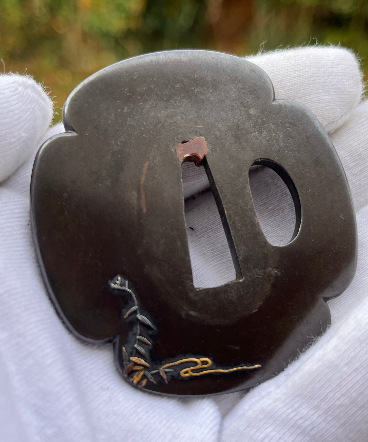Tsuba - Elegant Edo-Period Shibuichi Kinko Tsuba with Birds and Gold Highlights
