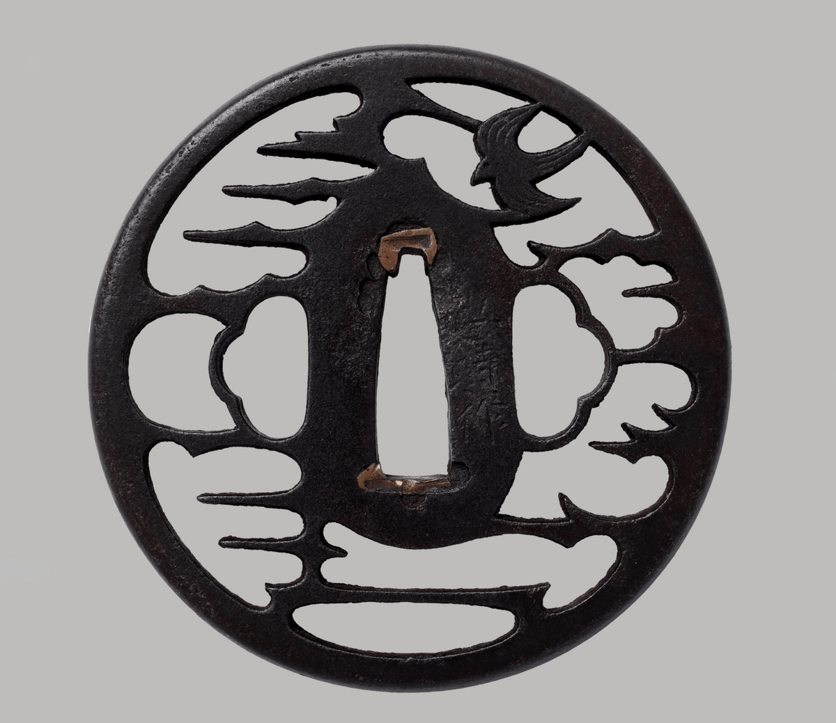 Tsuba Akasaka birds clouds - signed Tadatoki Bushu ju Akasaka