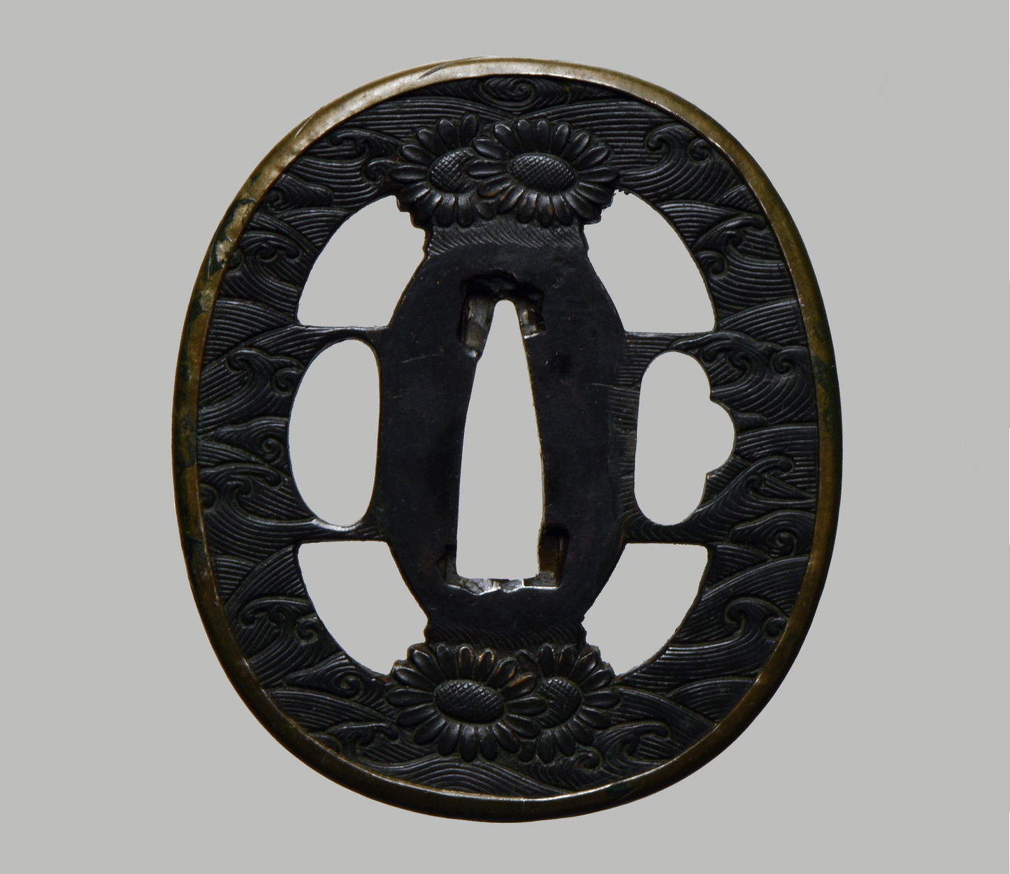 Tsuba - Edo Bushū Kinko Flowers, Nami (Waves) Shakudo Tsuba
