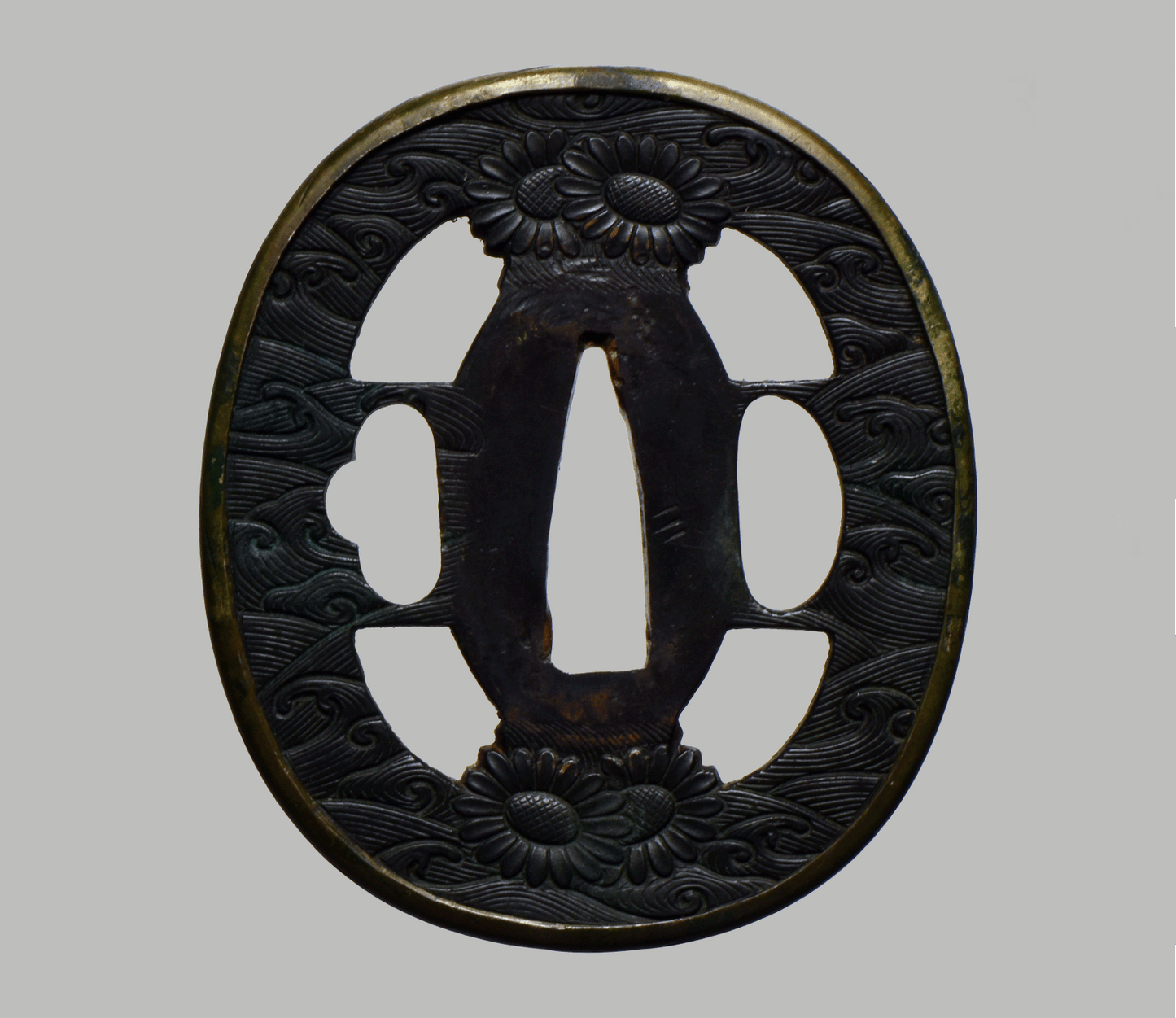 Tsuba - Edo Bushū Kinko Flowers, Nami (Waves) Shakudo Tsuba