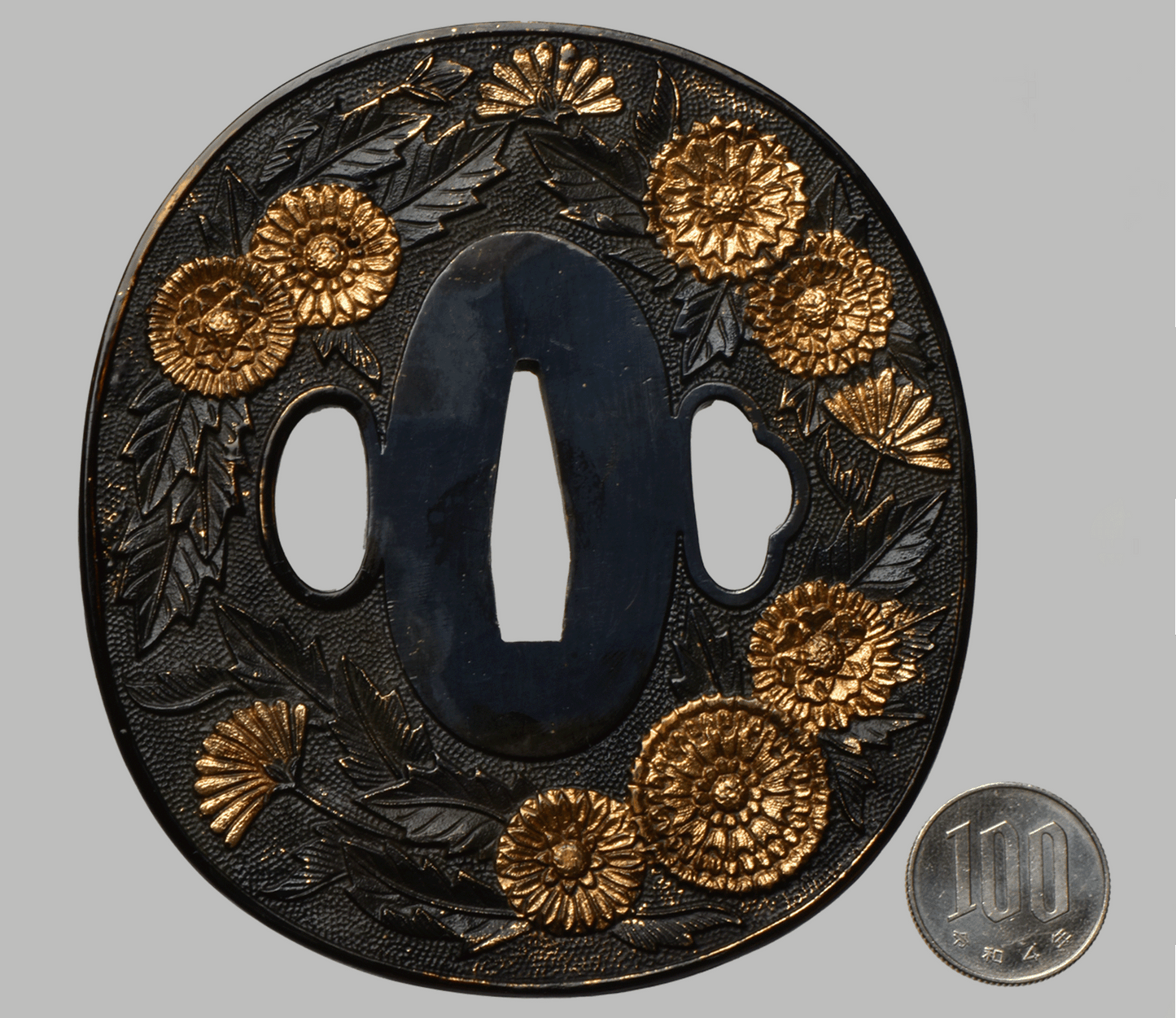 Tsuba - Magnificent Large Mino Tsuba with Chrysanthemums (Ansei Era)