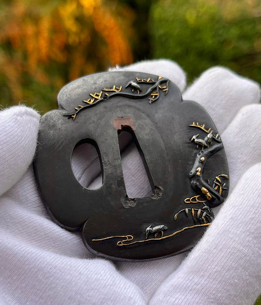 Tsuba - Elegant Edo-Period Shibuichi Kinko Tsuba with Birds and Gold Highlights