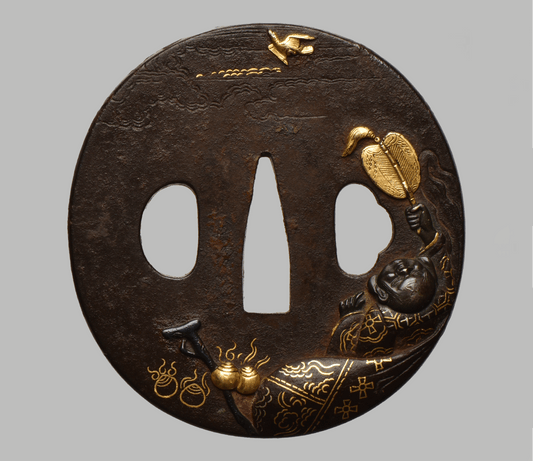 Tsuba - Mito - 水戸 仙人図(馬師皇) - Hotei with bird - shakudo, gold and silver