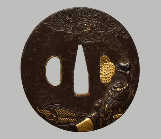 Tsuba - Mito - (馬師皇) - Hotei with dragon - shakudo, gold and silver