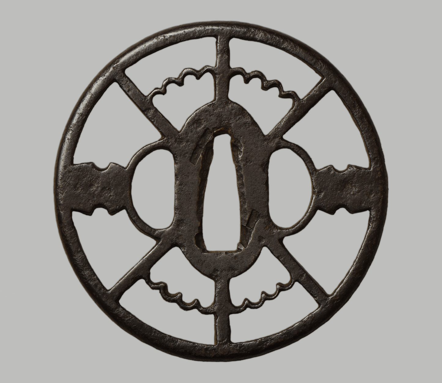 - Tsuba – Ko-Shoami Eisen Sukashi Tsuba – „Zwei Schneeräder“ (Nirinsya) NBTHK Hozon