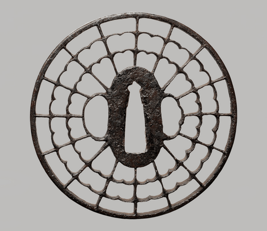 - Tsuba – Fine Kyō-sukashi Iron Tsuba – Layered “Kikkō / Web” Openwork (Edo Period)