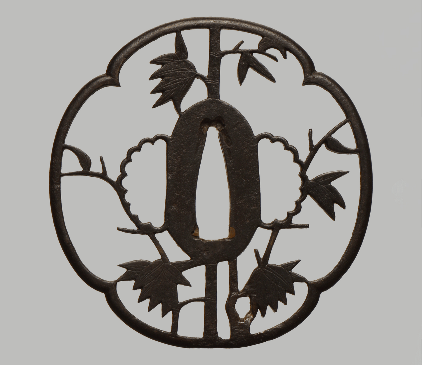 - Tsuba - large Kyo Sukashi - motive Bamboo-snow 84,3mm ! - NBTHK Hozon to Shoami