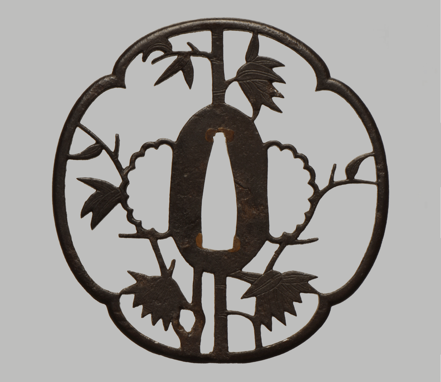 - Tsuba - large Kyo Sukashi - motive Bamboo-snow 84,3mm ! - NBTHK Hozon to Shoami